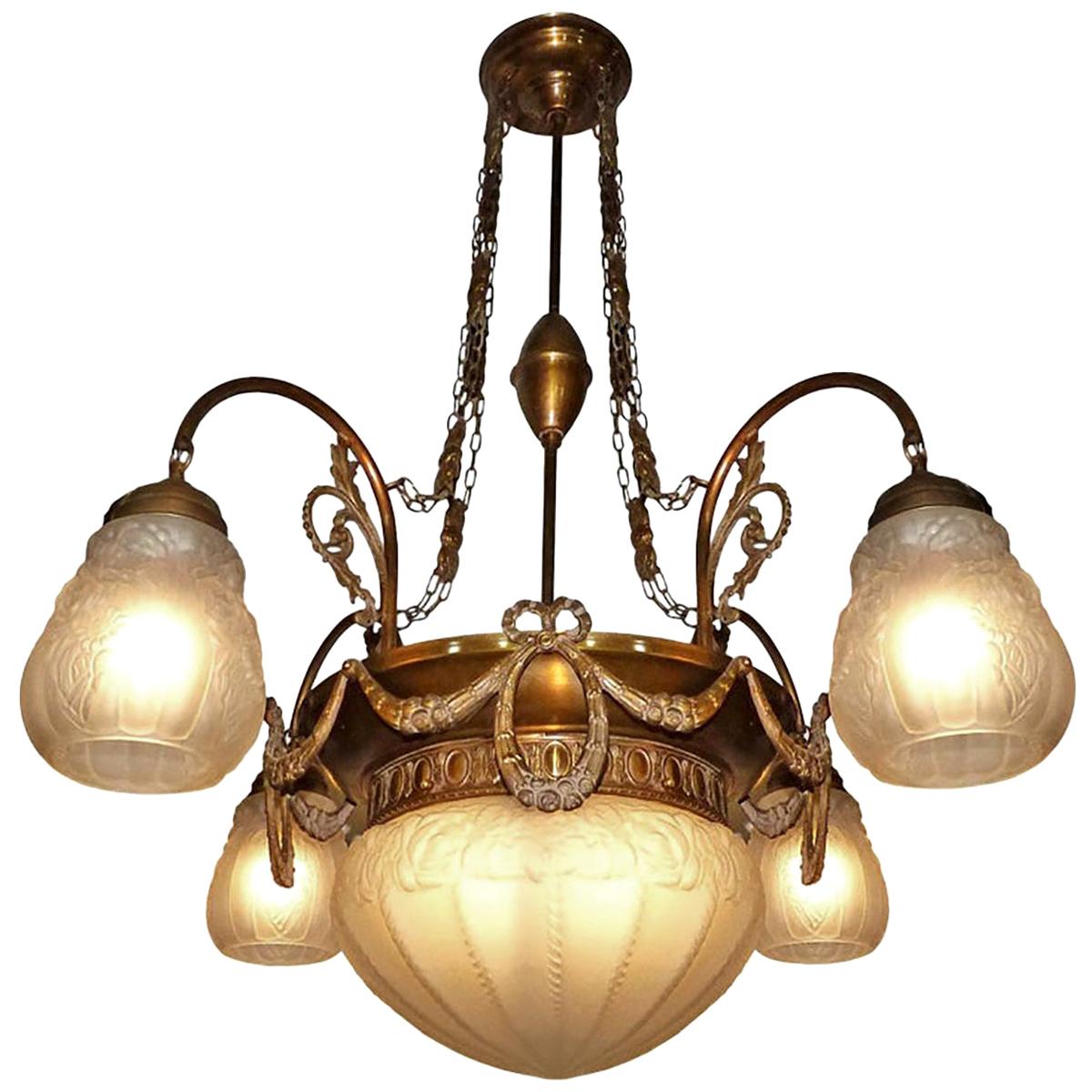Large French Art Deco and Art Nouveau Brass and Frosted Glass 5-Light Chandelier