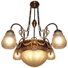 Vintage Large French Art Deco and Art Nouveau Brass and Frosted Glass 5-Light Chandelier