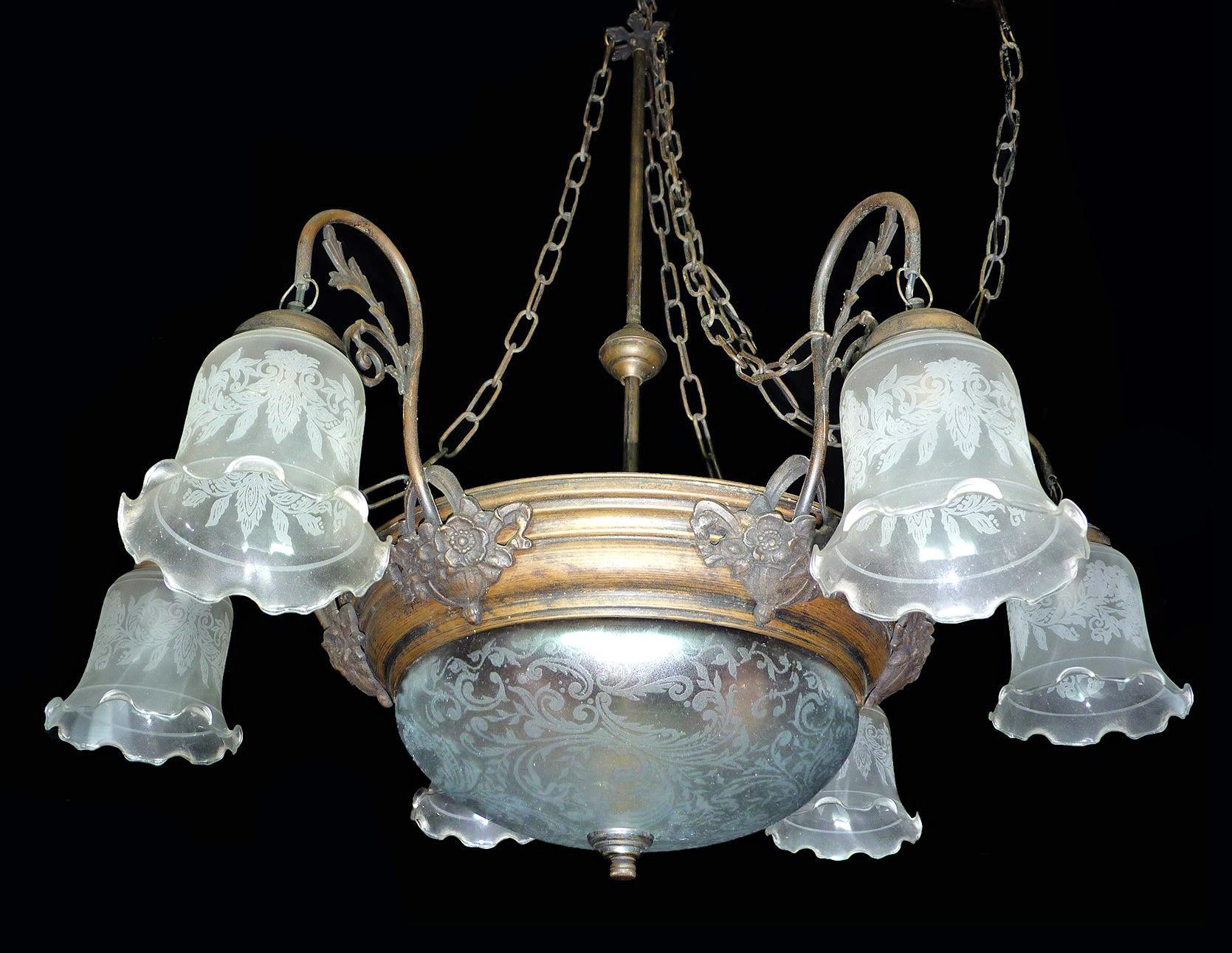 Large French Art Deco and Art Nouveau etched glass, 8-light chandelier or metal with age patina.
8 bulbs (2- E27 + 6 - E 14) 60W - porcelain sockets
Good working condition 
Measures: Diameter 30 in / 76 cm
Height 75 in / 76 cm + (30 in + 47.2