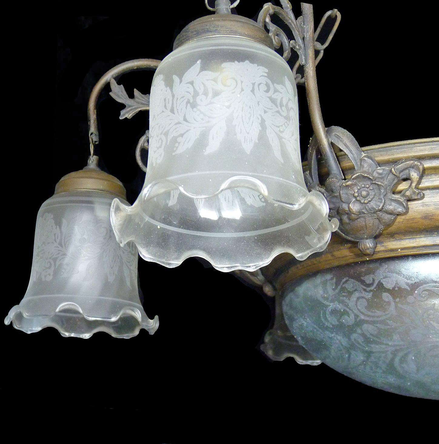 Large French Art Deco and Art Nouveau Etched Art Glass 8-Light Chandelier 1930s In Good Condition For Sale In Coimbra, PT