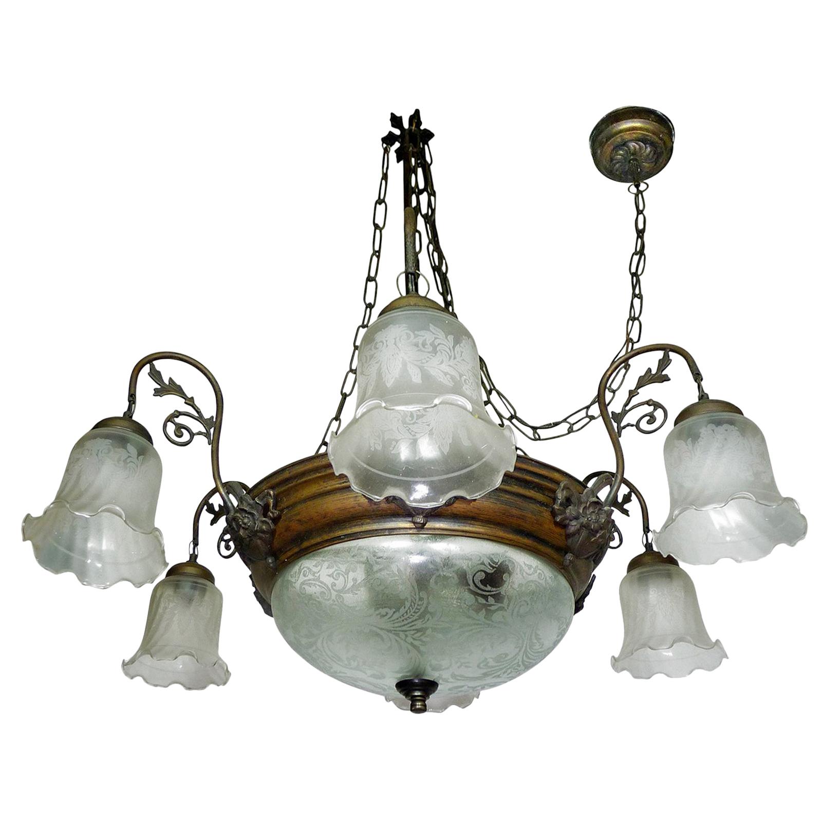 Large French Art Deco and Art Nouveau Etched Art Glass 8-Light Chandelier 1930s