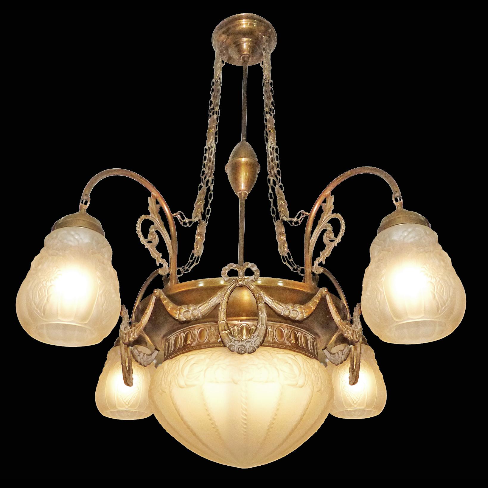 Dépoli Grand lustre français Art Déco et Art Nouveau à 5 lumières en laiton et verre dépoli en vente