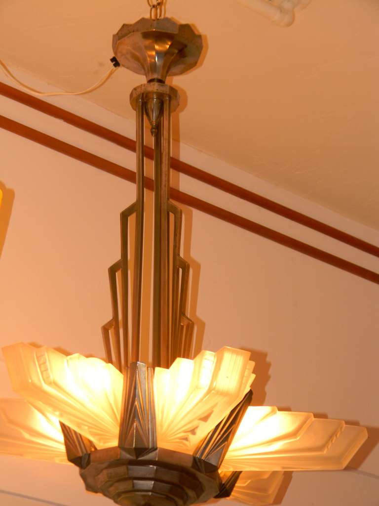 Pleased to offer this outstanding French Art Deco fixture. Just fresh out of an Estate in Southern France. Completely original signed glass and also signed on the metal (A.P.) as well. This is one of those rare examples of a true Art Deco design.
