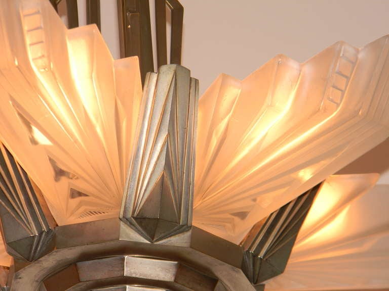 Bronze Large French Art Deco Atelier Petitot Chandelier, Stunning