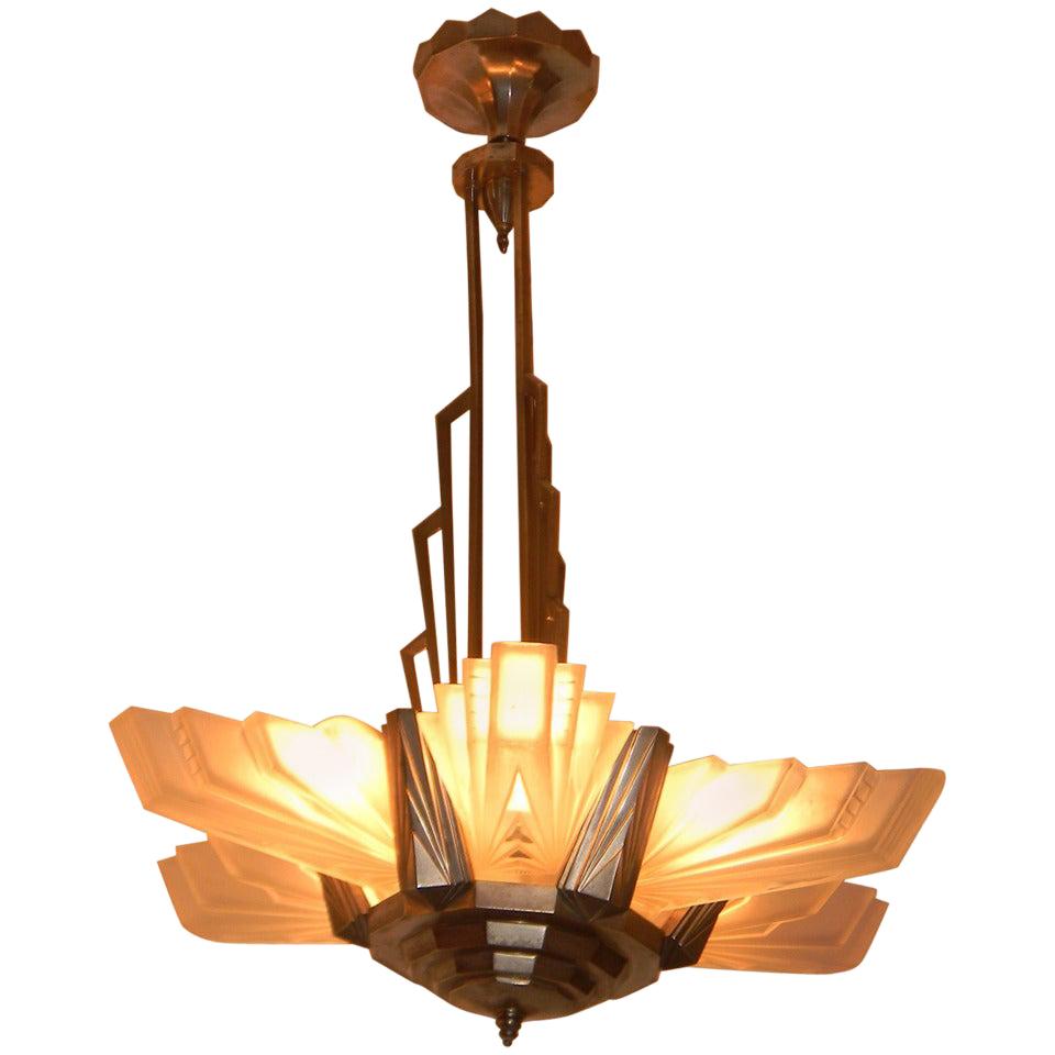 Large French Art Deco Atelier Petitot Chandelier, Stunning