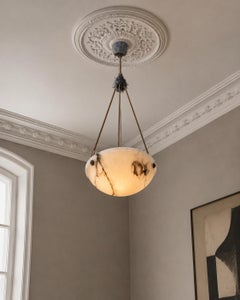 Large French Art Deco, Black & White Alabaster & Silk Cord Light, 1930s, France