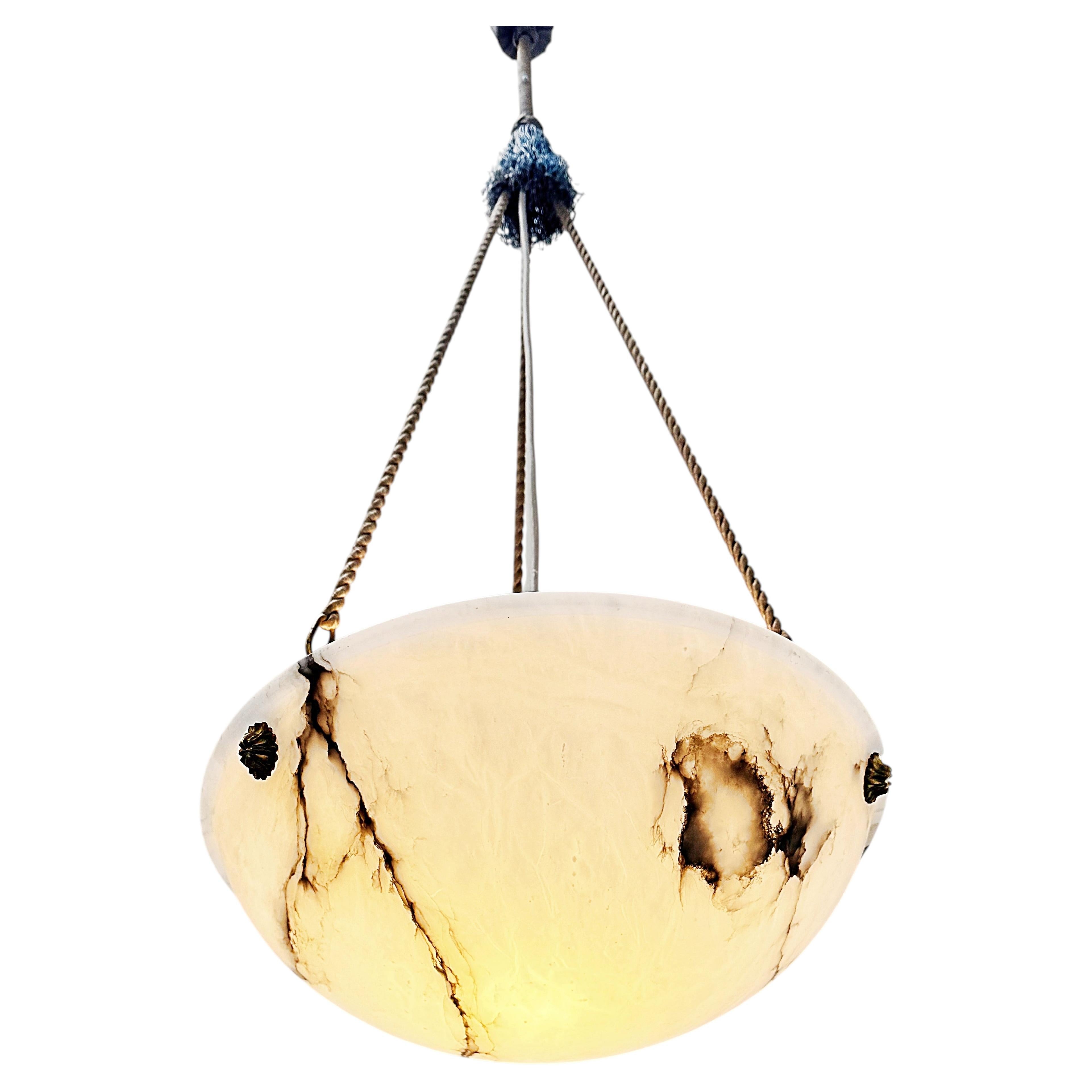 Large French Art Deco, Black & White Alabaster & Silk Cord Light, 1930s, France For Sale