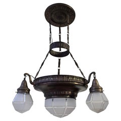 Large French Art Deco Brass Chandelier with Frosted Geometric Glass Shades