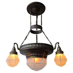 Large French Art Deco Brass Chandelier with Frosted Geometric Glass Shades
