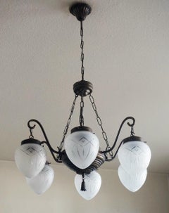 Large French Art Deco Brass Frosted Cut Crystal Six-Light Chandelier