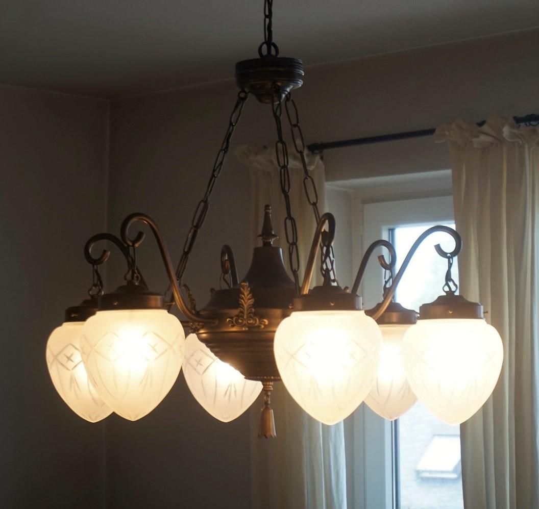 Large French Art Deco Brass Frosted Cut Crystal Six-Light Chandelier For Sale 1