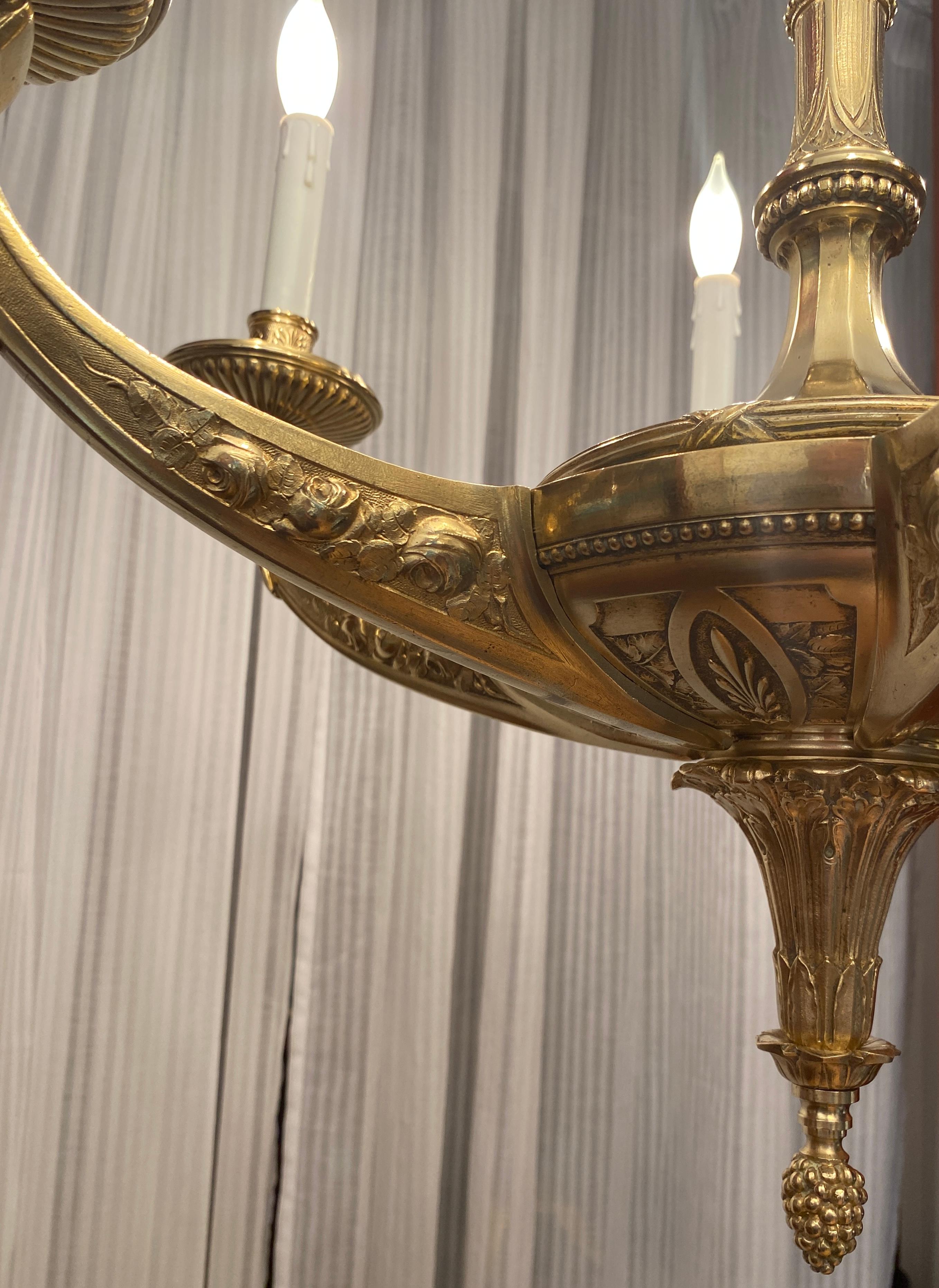 Large French Art Deco Bronze Chandelier attributed to Sue et Mare  For Sale 6