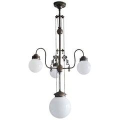 Large French Art Deco Bronze Hand Blown Opaline Glass Chandelier, 1910-1920 Large French Art Deco Bronze Hand Blown Opaline Glass Chandelier, 1910-1920