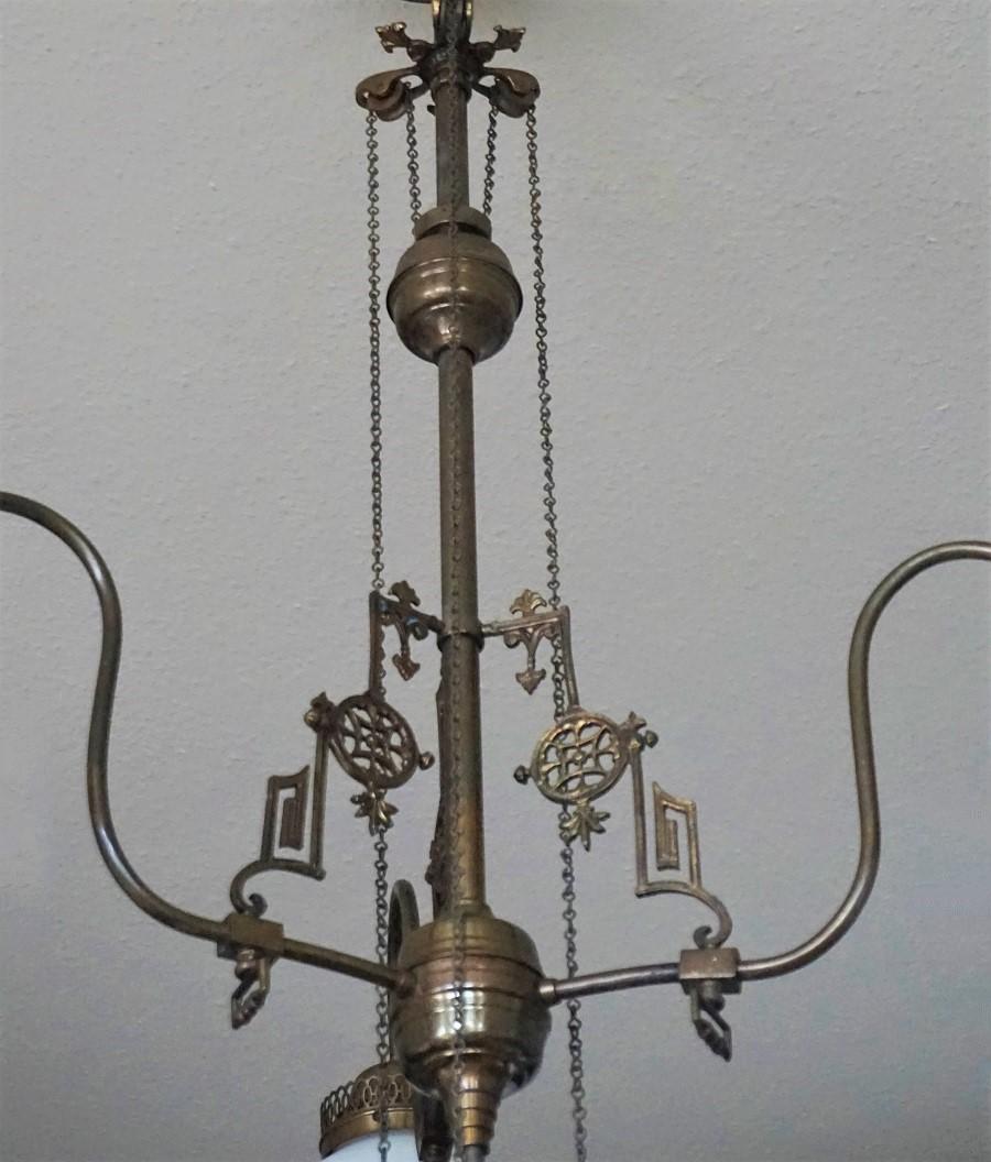 20th Century Large French Art Deco Bronze Opaline Glass Chandelier, 1910-1920 For Sale