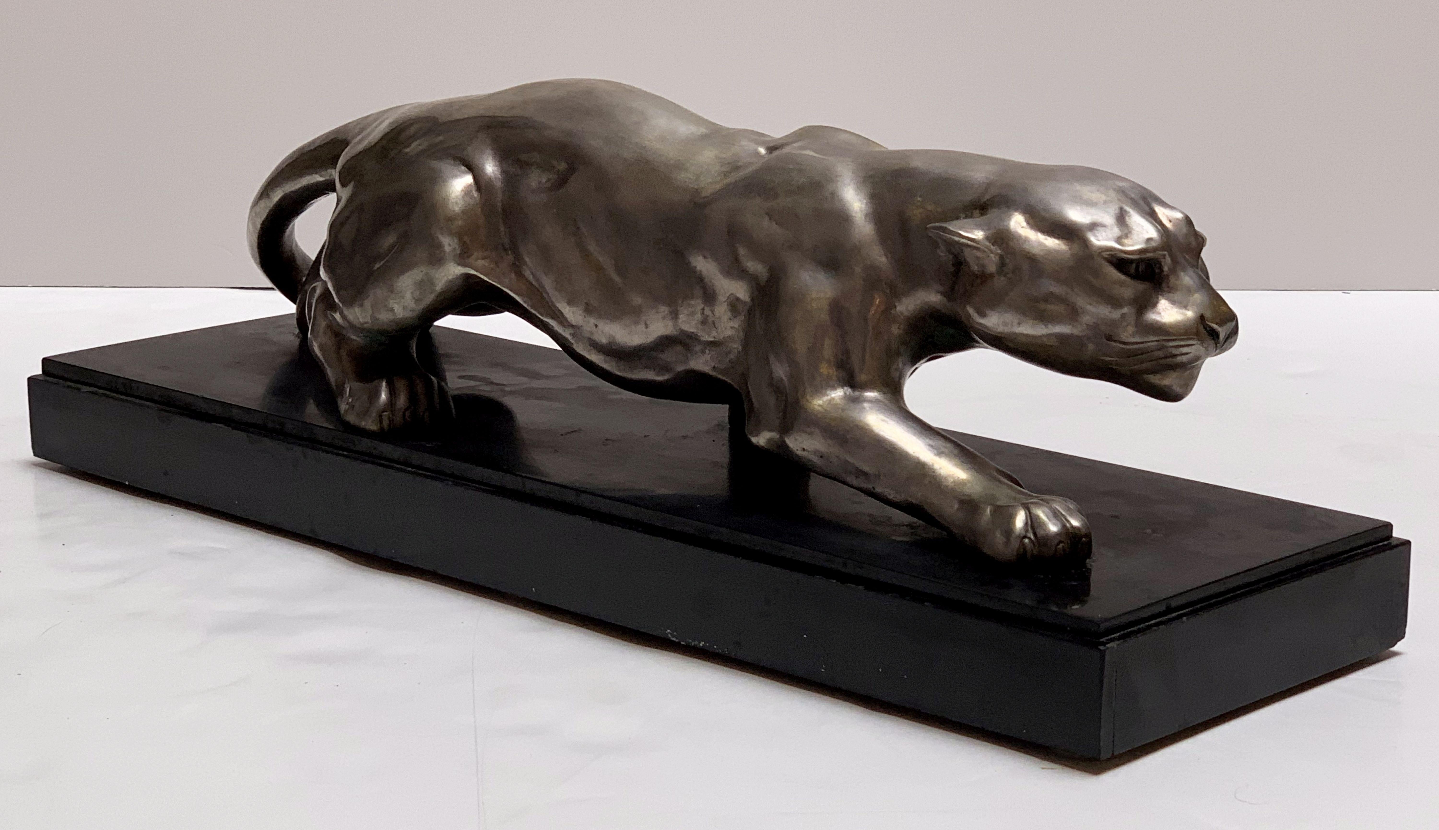 Silvered Large French Art Deco Bronze Panther Sculpture on Marble by Deslin
