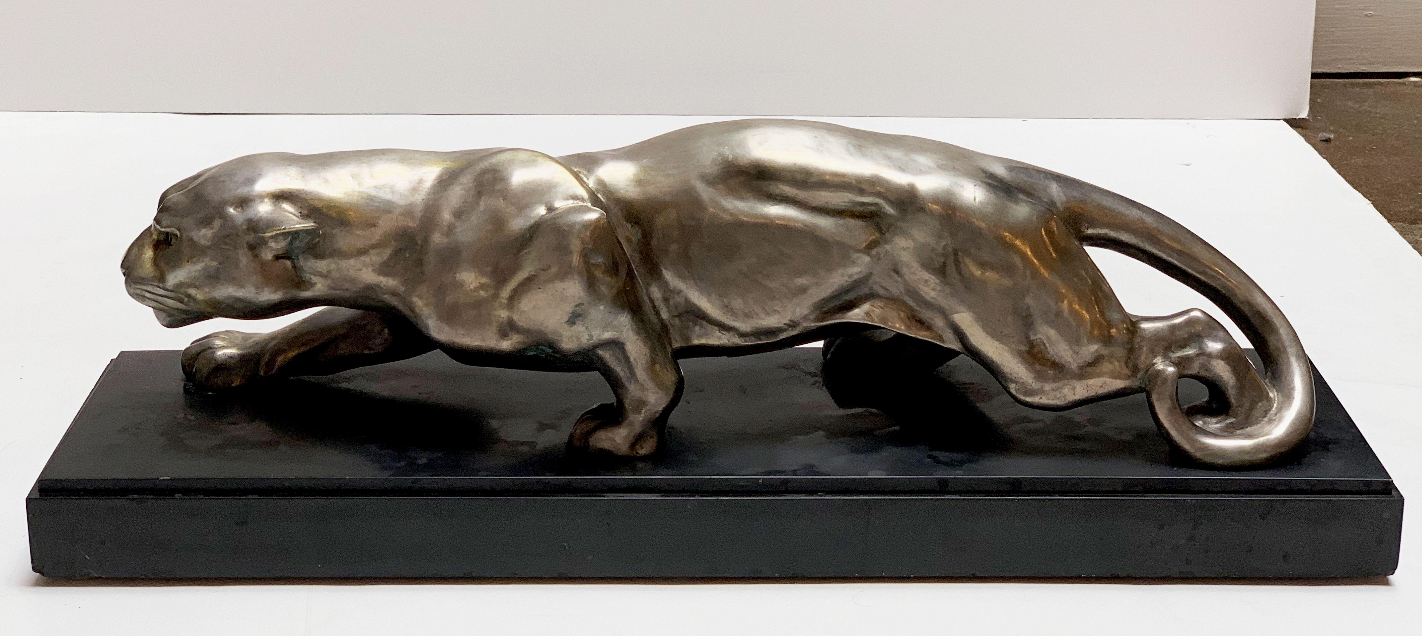 Large French Art Deco Bronze Panther Sculpture on Marble by Deslin 1
