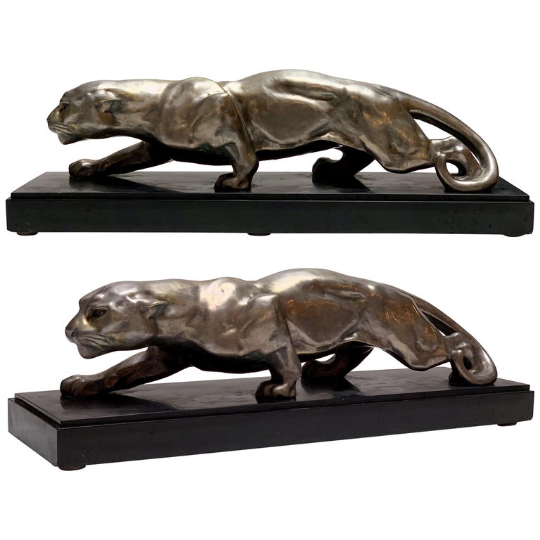 Large French Art Deco Bronze Panther Sculpture on Marble by Deslin at