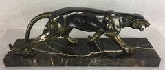 Large French Art Deco Bronze Panther Sculpture on Marble