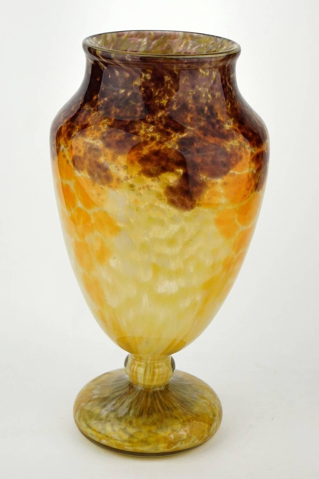 Fired Large French Art Deco Charles Schneider Yellow Glass Jade Vase For Sale