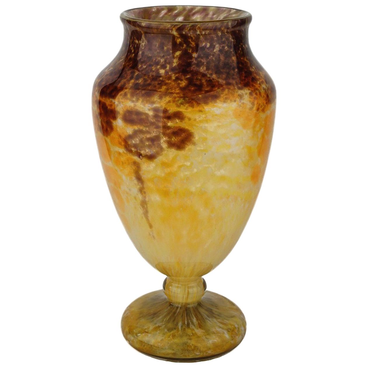 Large French Art Deco Charles Schneider Yellow Glass Jade Vase For Sale