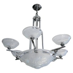 Antique Large French Art Deco Chrome & Opalescent Fish Chandelier 1920