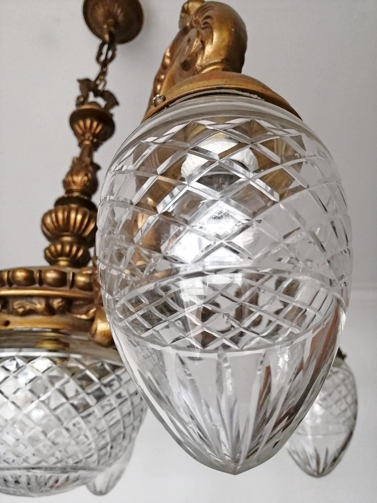 Large French Art Deco Cut Crystal Globes & Gilt Bronze Ornate Chandelier, 1920s 2