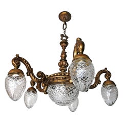 Large French Art Deco Cut Crystal Globes & Gilt Bronze Ornate Chandelier, 1920s