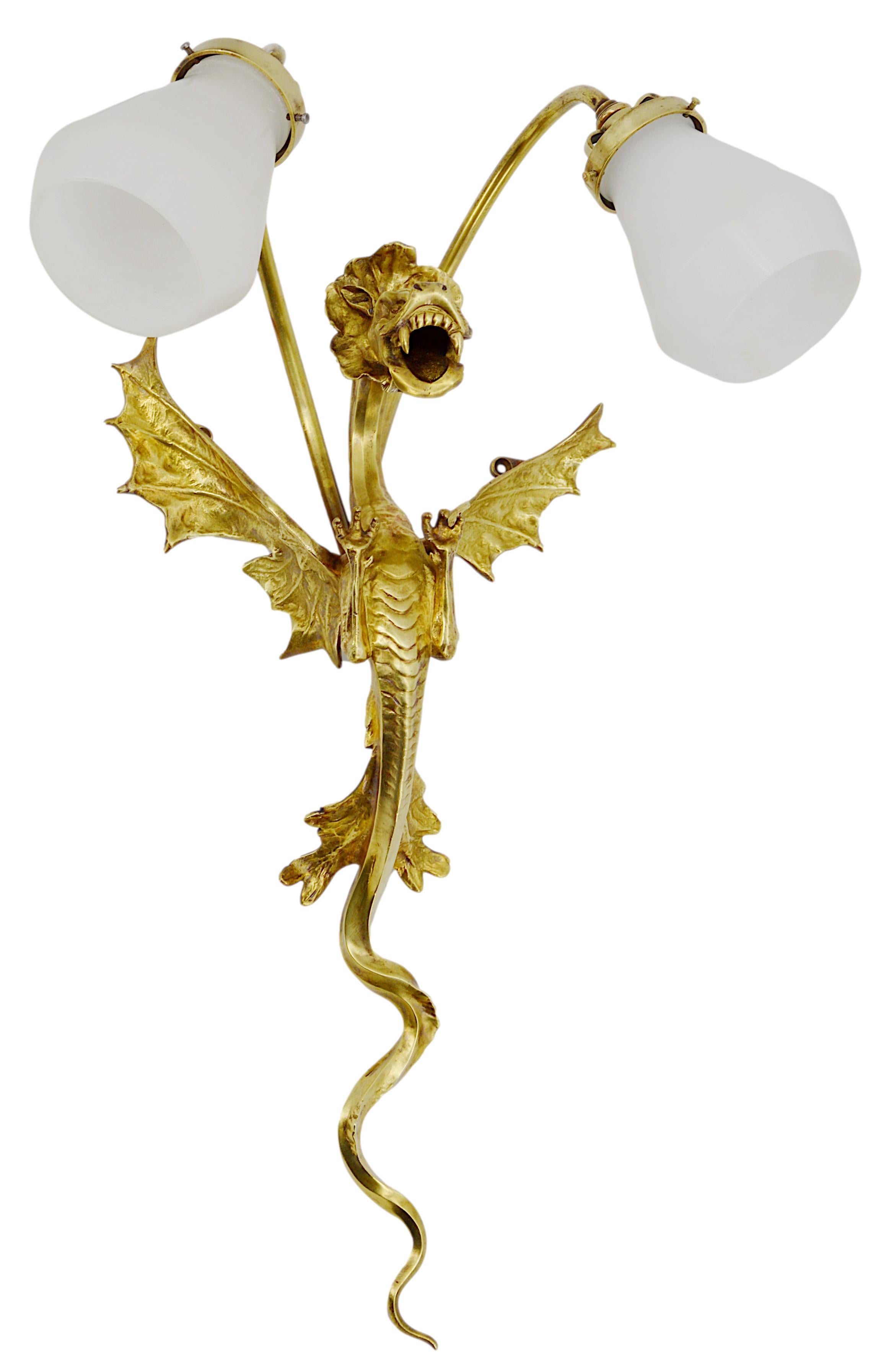 Large French Art Deco Dragon Double Wall Light, 1920 For Sale 7