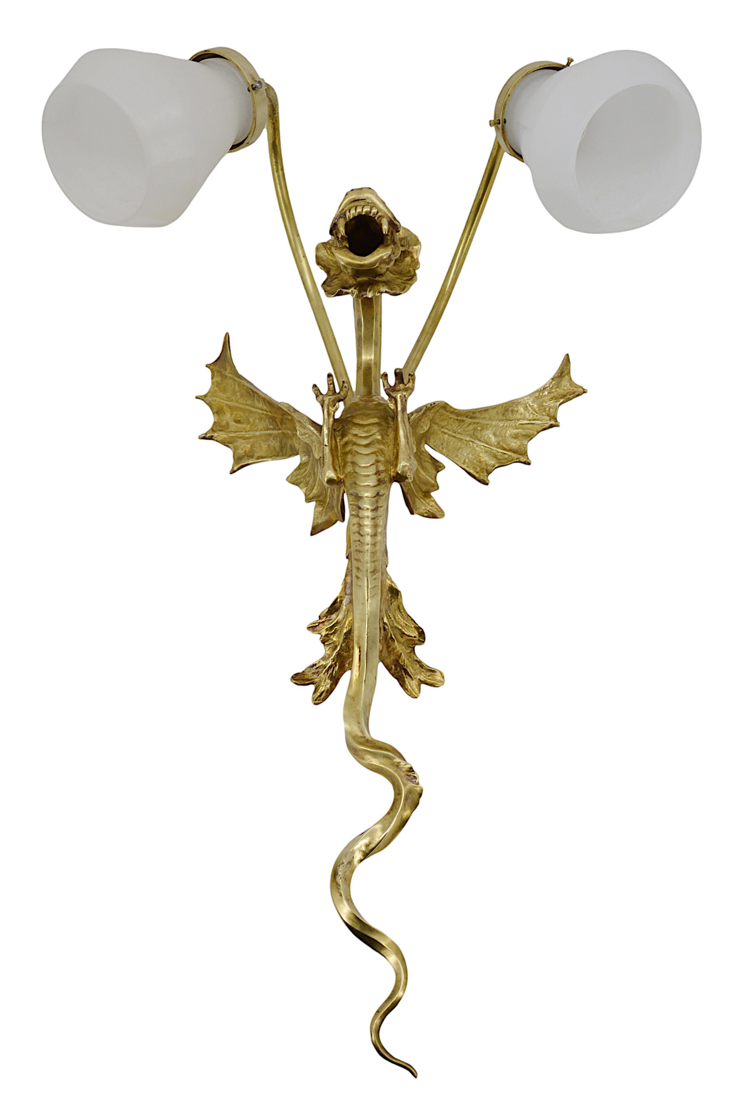 Large French Art Deco Dragon Wall Light, France, 1920s. A striking French Art Deco wall light featuring a bronze dragon design with elegant alabaster detailing, crafted in France. This dramatic and sculptural light fixture combines the bold,