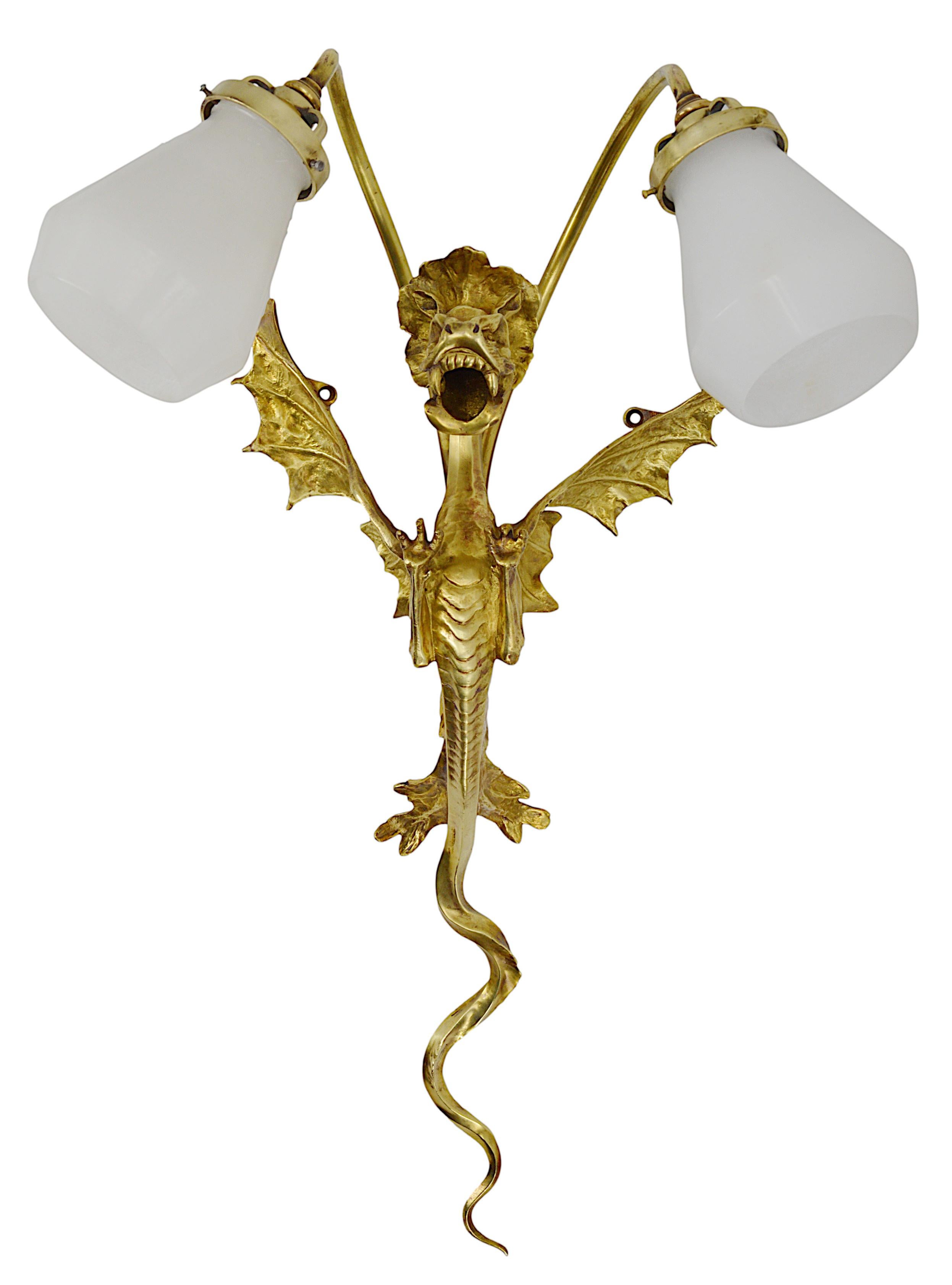 Early 20th Century Large French Art Deco Dragon Double Wall Light, 1920 For Sale