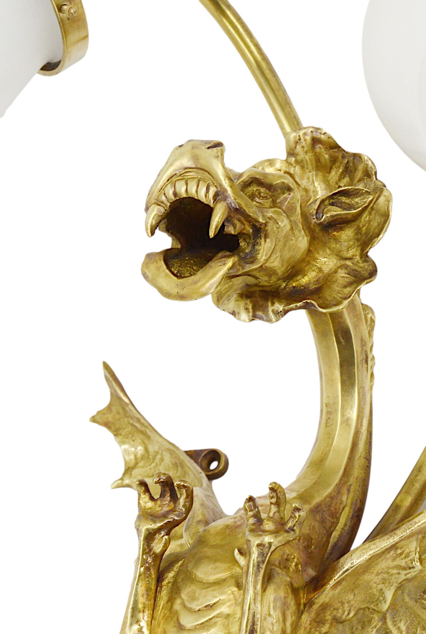 Large French Art Deco Dragon Double Wall Light, 1920 For Sale 4