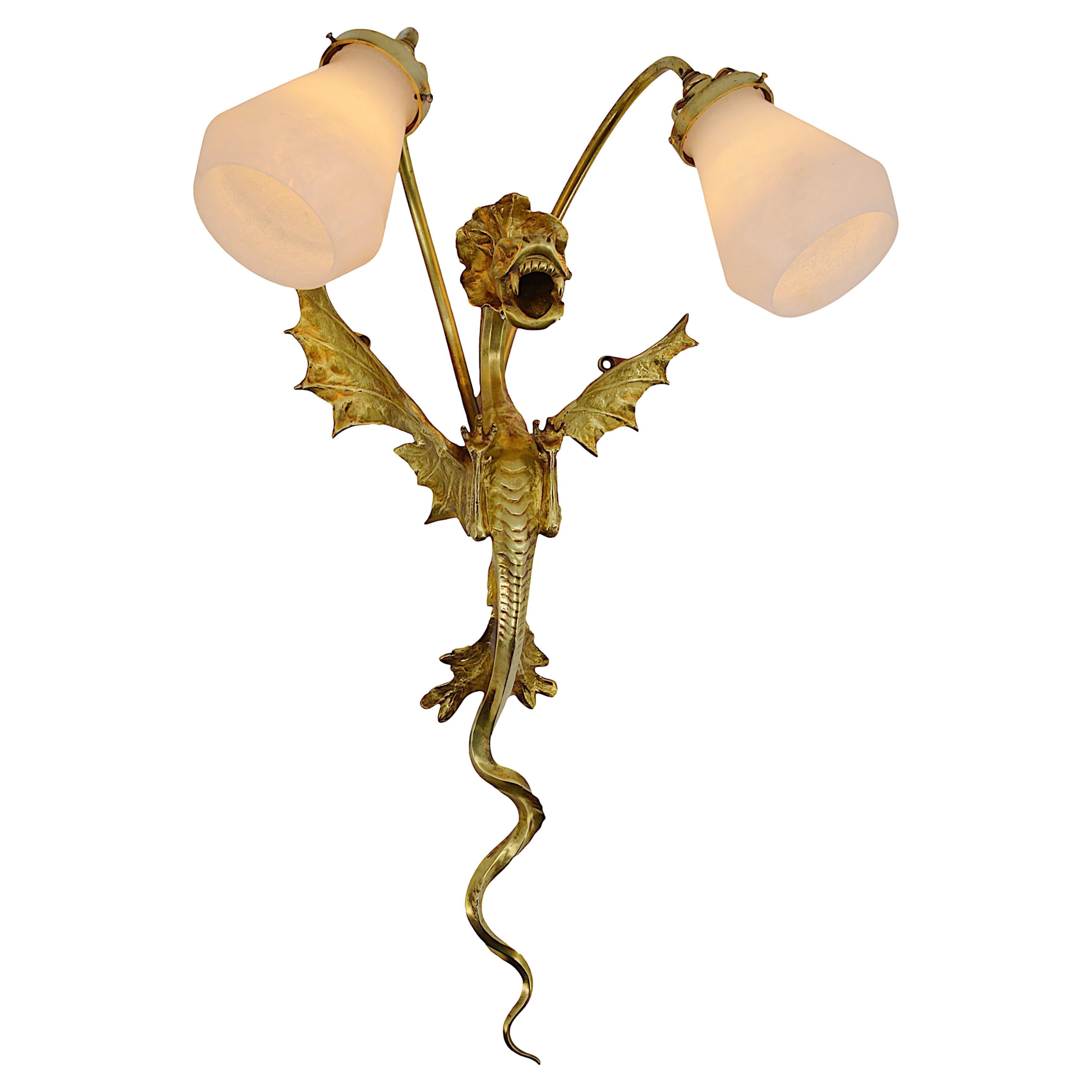 Large French Art Deco Dragon Double Wall Light, Ca. 1930 For Sale