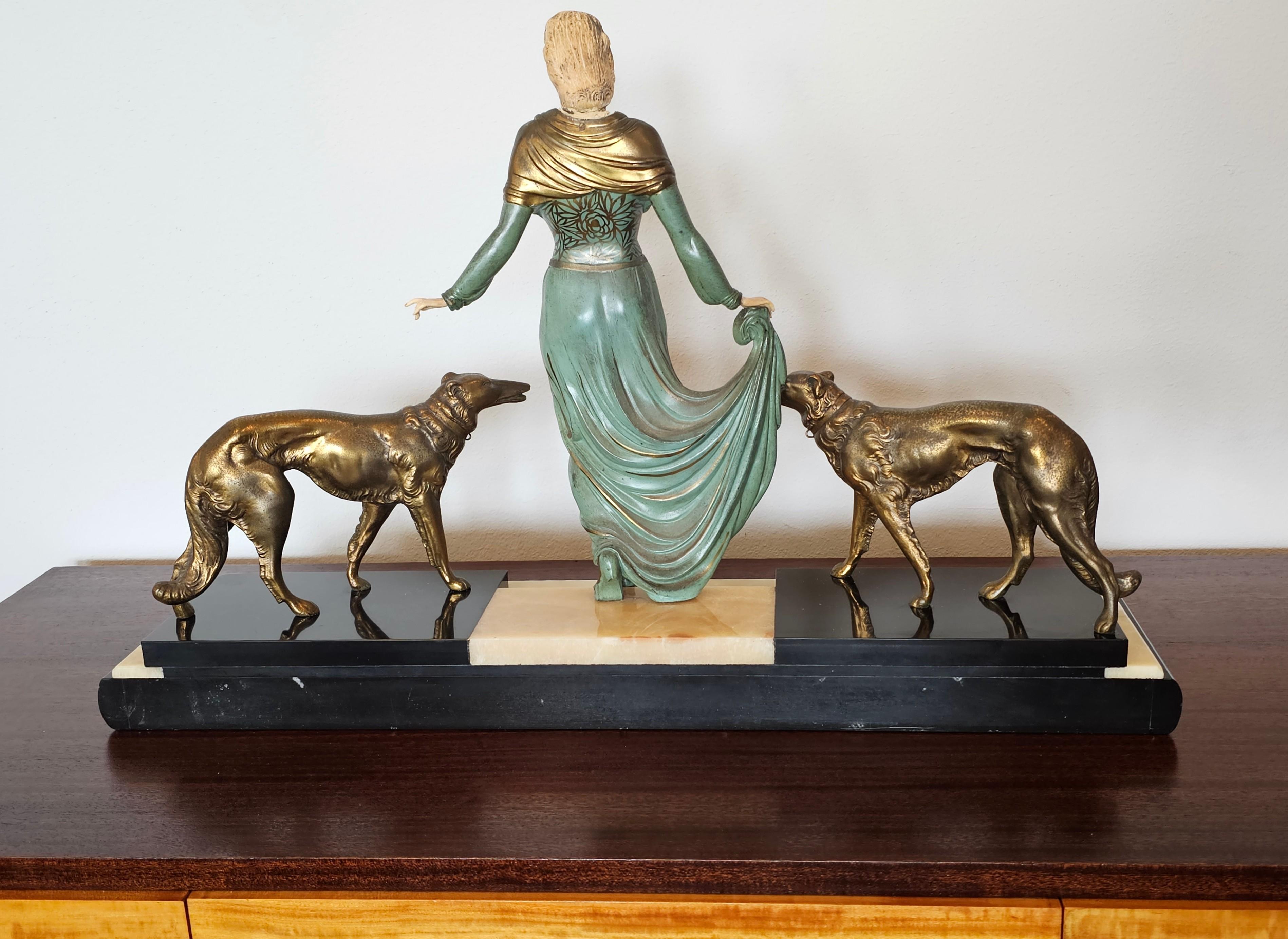 Large French Art Deco Élégante et Son Chiens Georges Gori Signed Sculpture 8