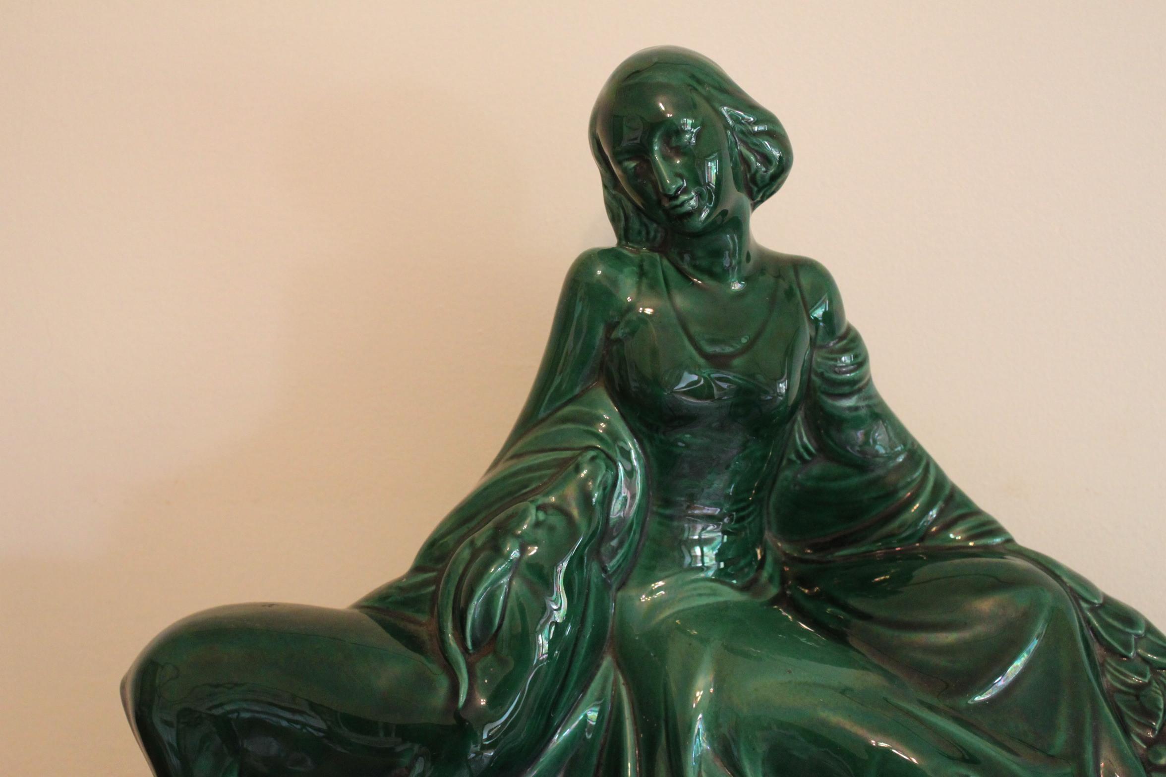 Large French Art Deco Figure of Woman with a Deer In Good Condition For Sale In East Geelong, VIC
