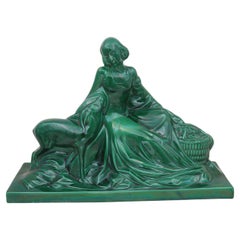 Large French Art Deco figure of woman with a fawn and basket