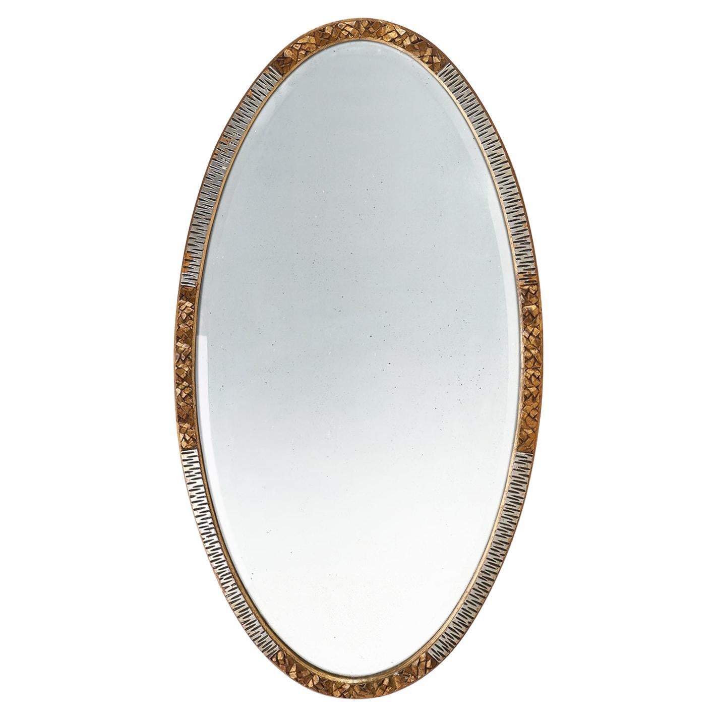 Gran espejo oval francés Art Deco dorado y plateado, ca. 1910 en venta