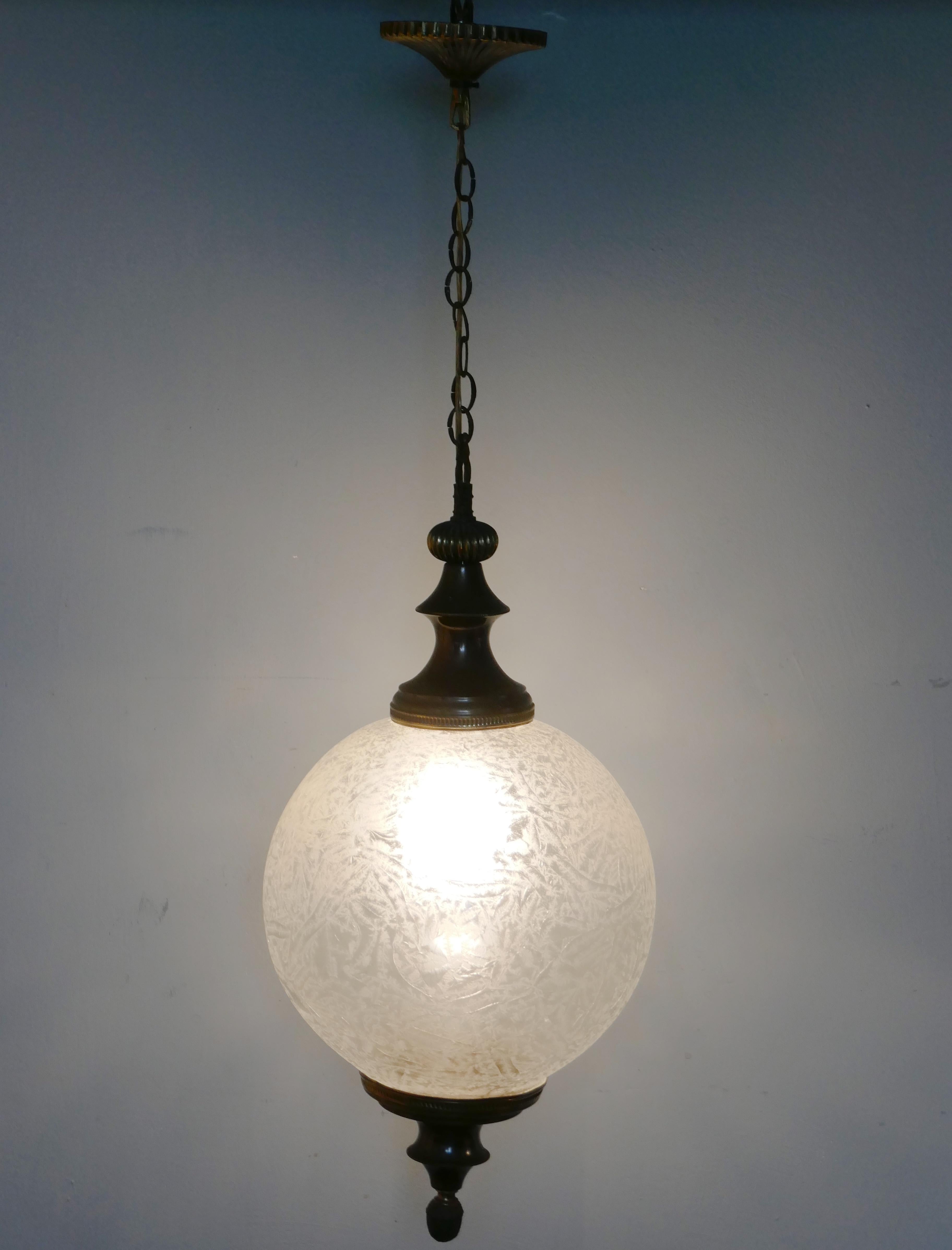 Large French Art Deco Globe Frosted Glass Hanging Pendant Light In Good Condition In Godshill, Isle of Wight