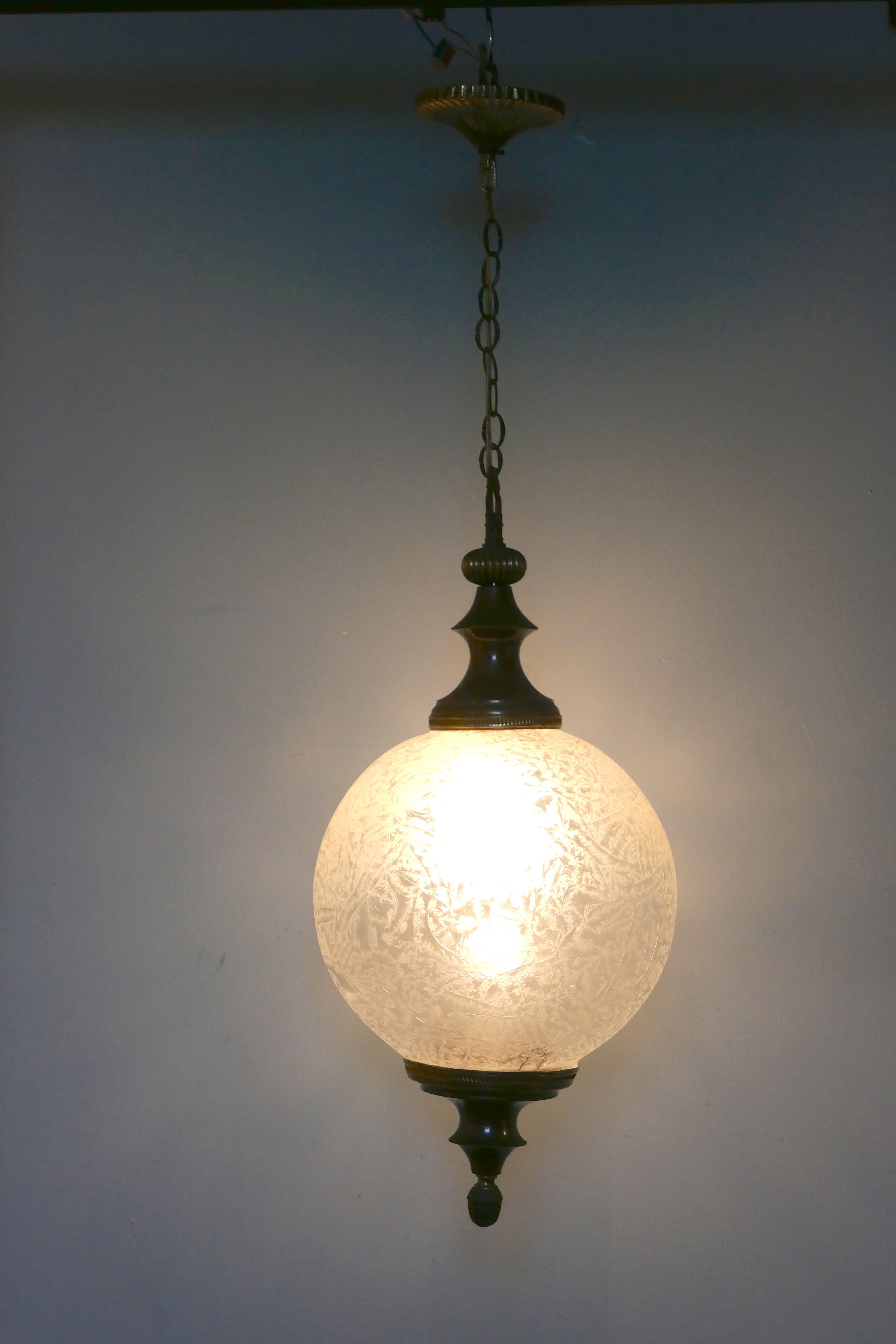 20th Century Large French Art Deco Globe Frosted Glass Hanging Pendant Light