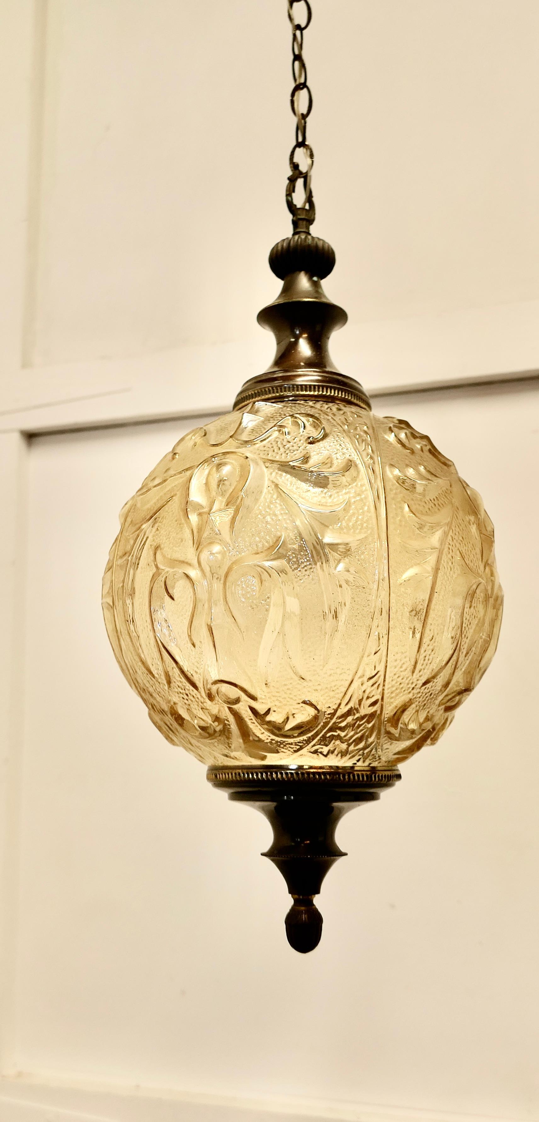 Large French Art Deco Globe Glass Hanging Pendant Light 3