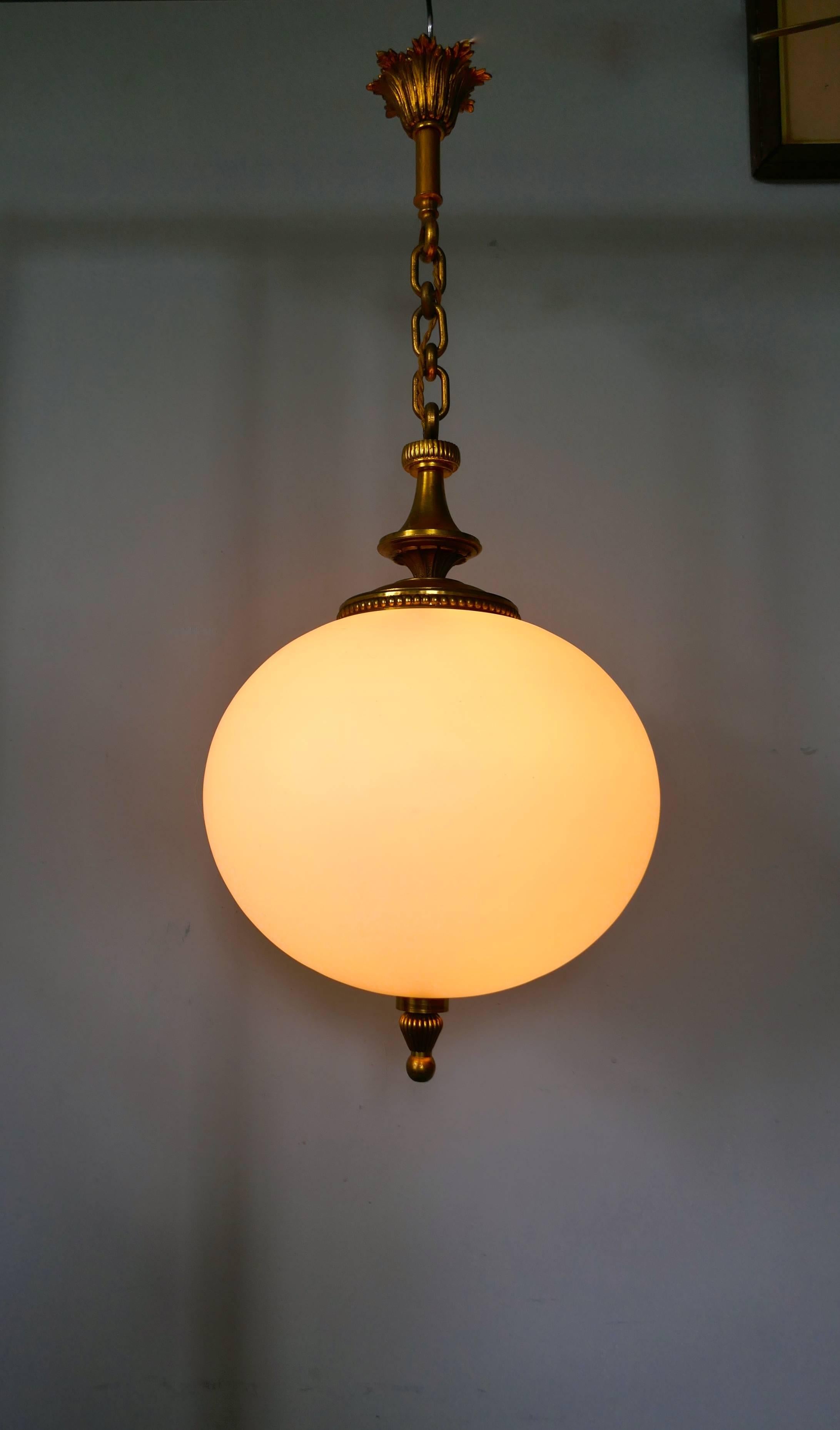 Large French Art Deco Globe Opaline Glass Hanging Pendant Light In Good Condition In Chillerton, Isle of Wight