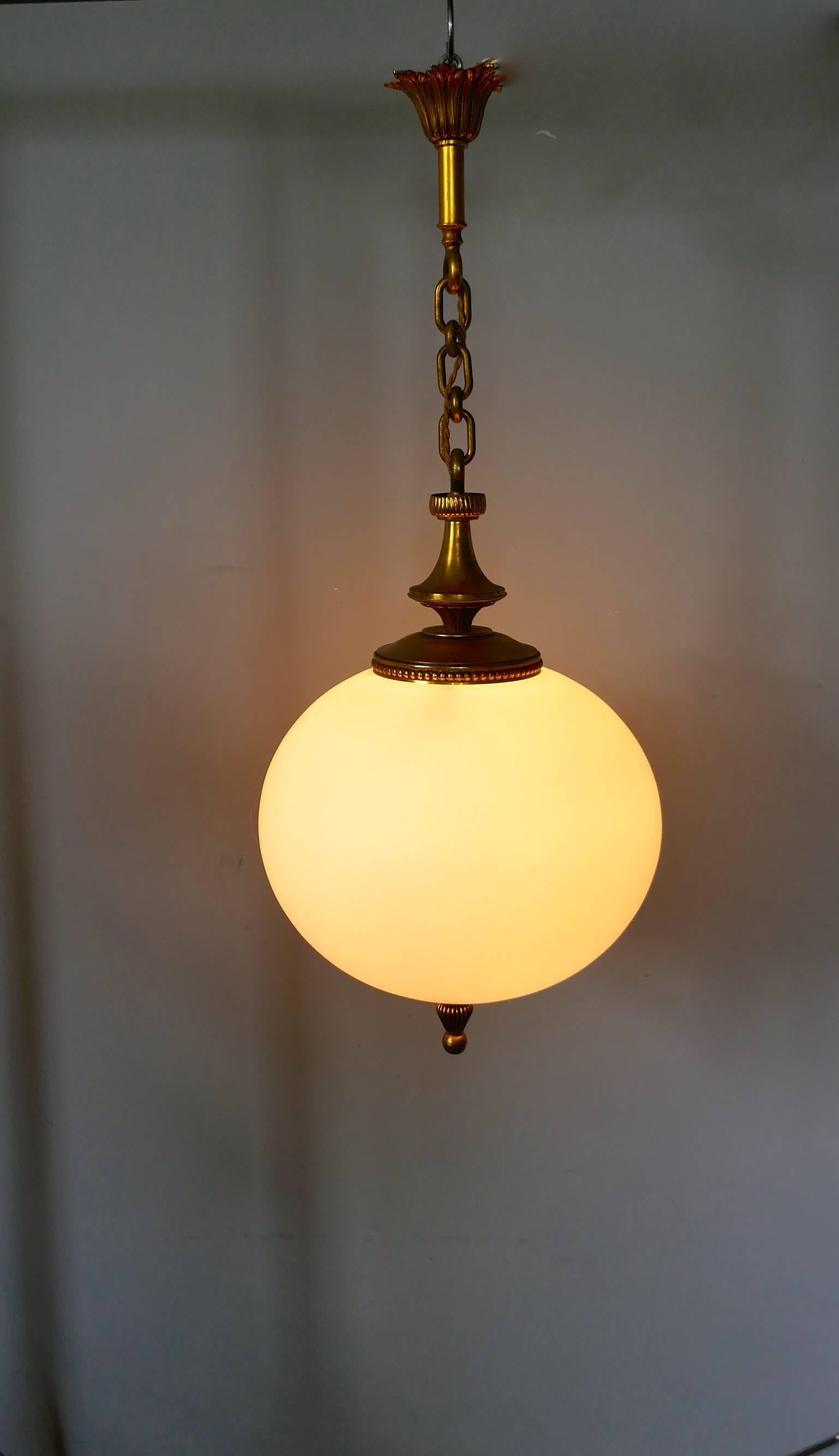 Large French Art Deco Globe Opaline Glass Hanging Pendant Light 1