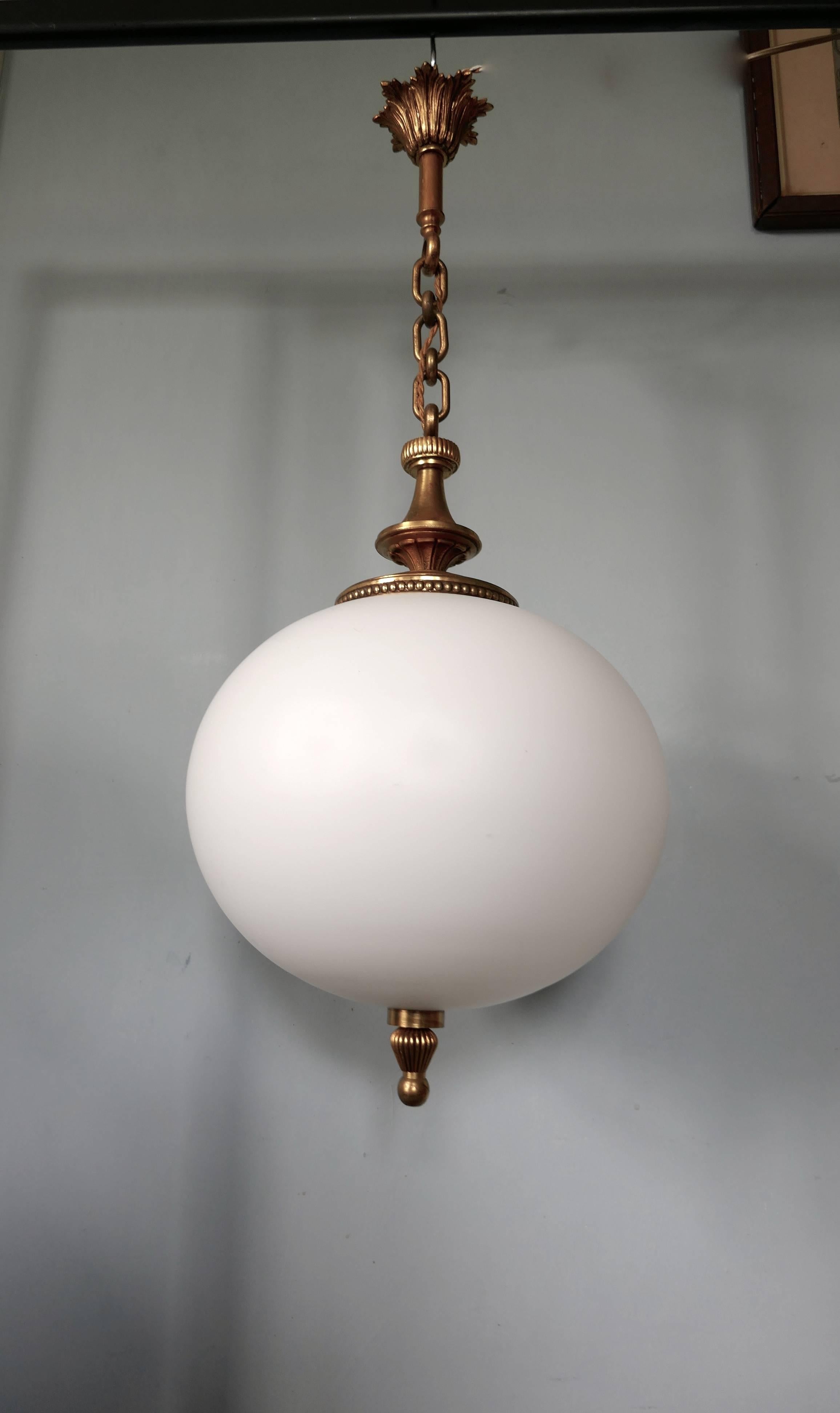 Large French Art Deco Globe Opaline Glass Hanging Pendant Light 3