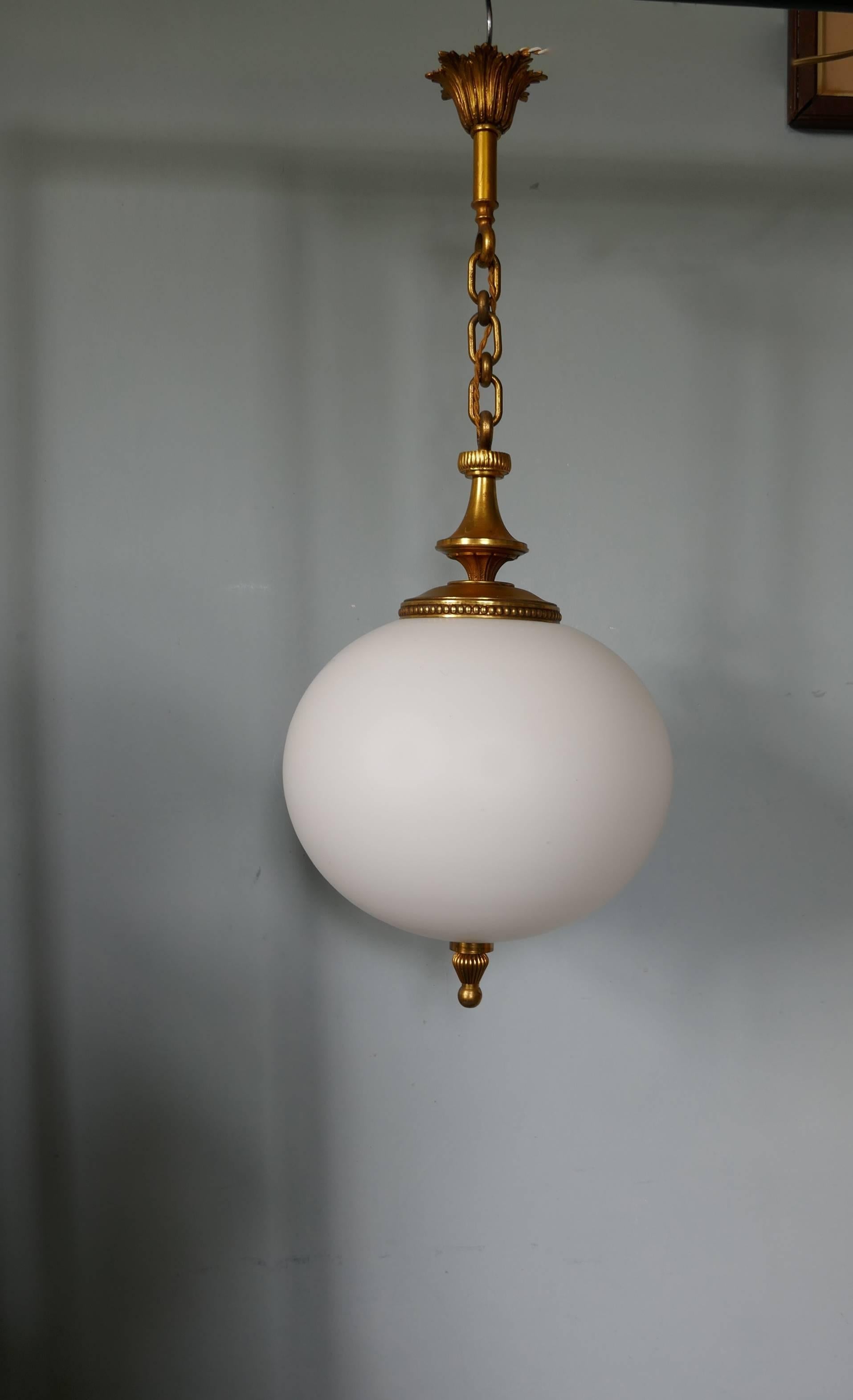 Large French Art Deco Globe Opaline Glass Hanging Pendant Light 4