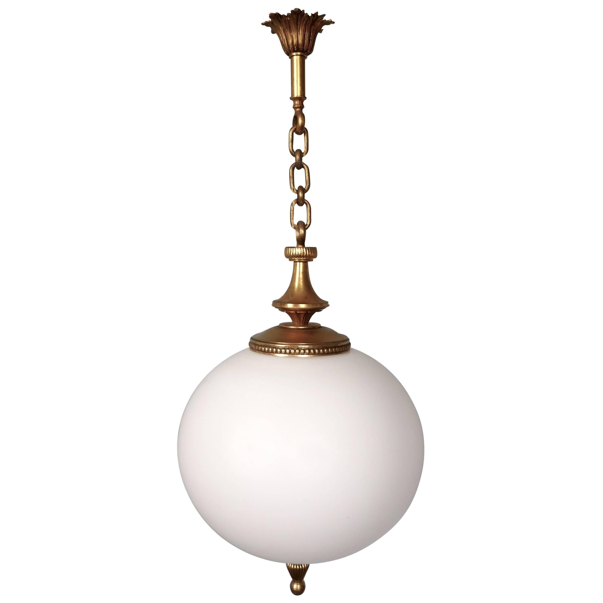 Large French Art Deco Globe Opaline Glass Hanging Pendant Light