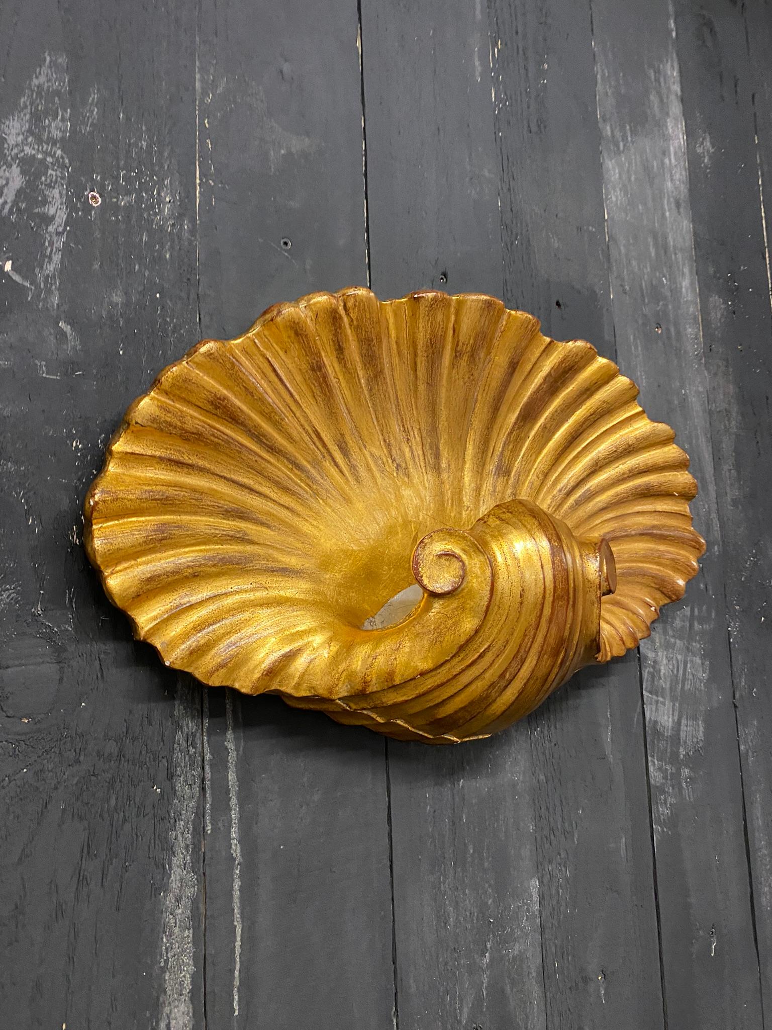 Large French Art Deco Golden Plaster Shell Sconce in the Style of Serge Roche 1