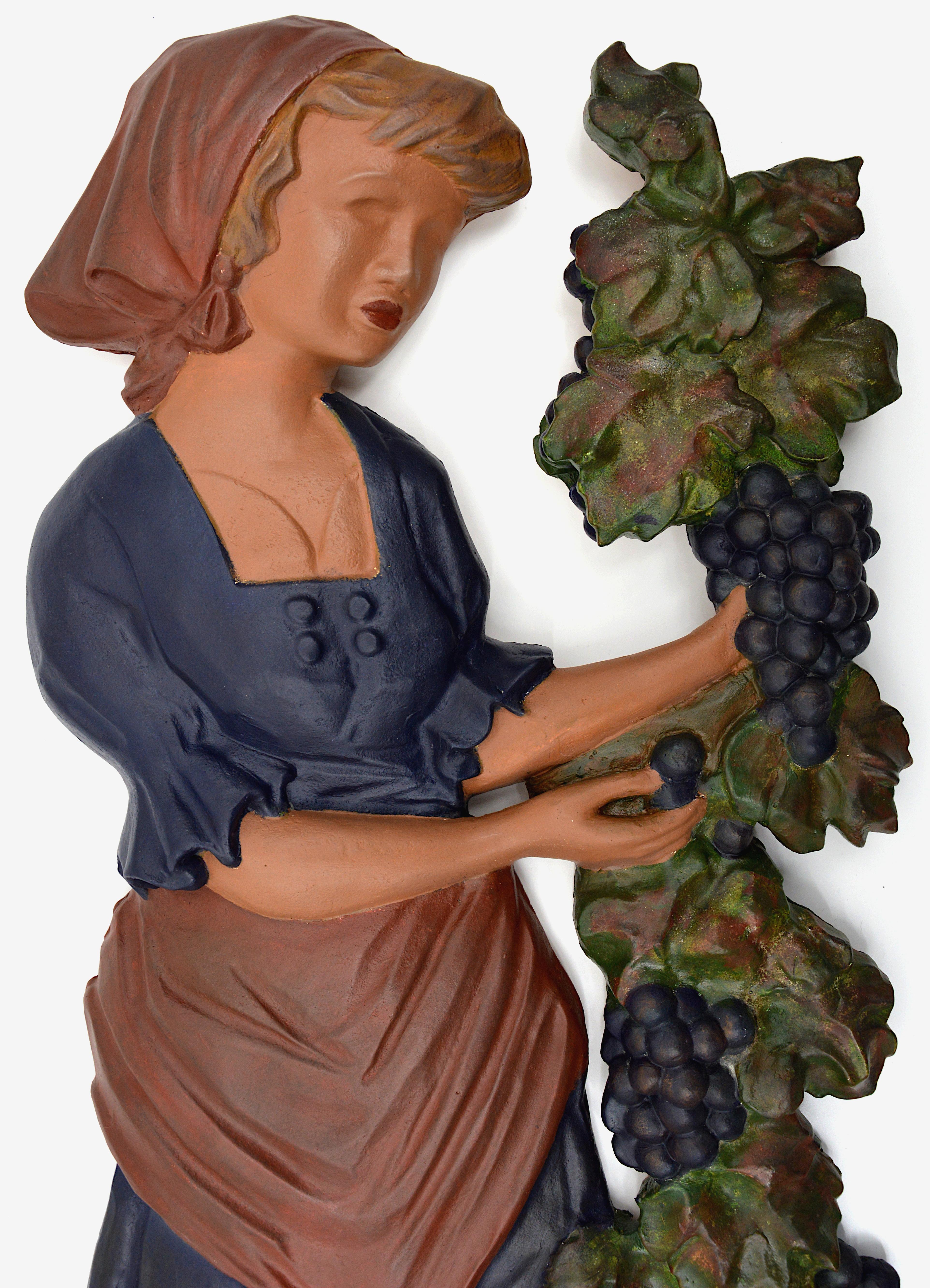 Early 20th Century Large French Art Deco Grape Picker Couple Sculpture, 1920s For Sale