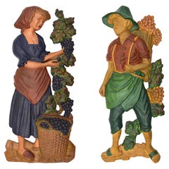 Large French Art Deco Grape Picker Couple Sculpture, 1920