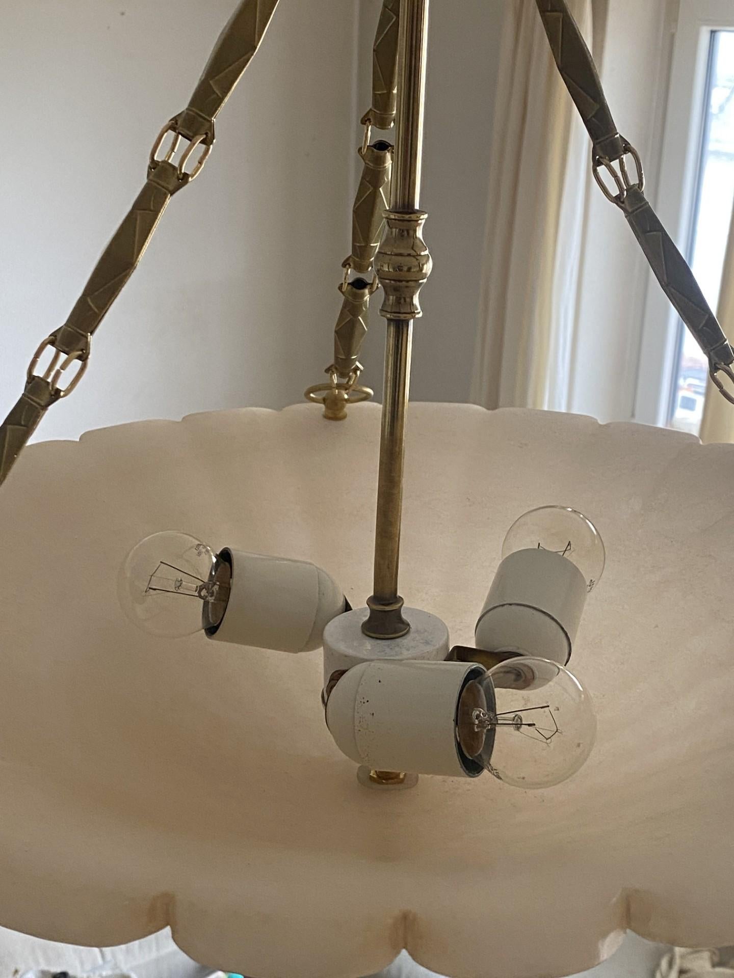 Large French Art Deco Hand-Carved White Alabaster Three-Light Chandelier, 1920s 10