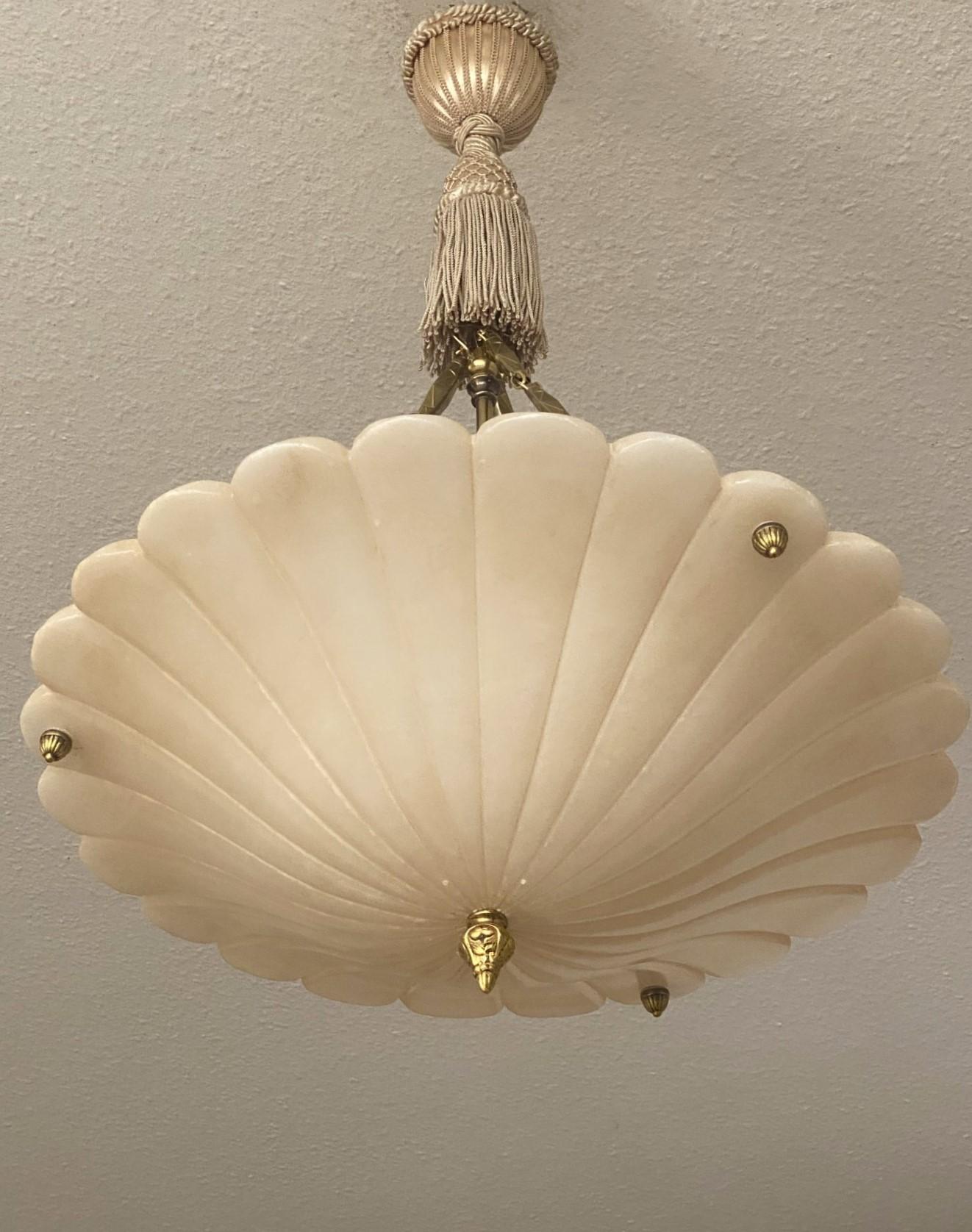 Brass Large French Art Deco Hand-Carved White Alabaster Three-Light Chandelier, 1920s