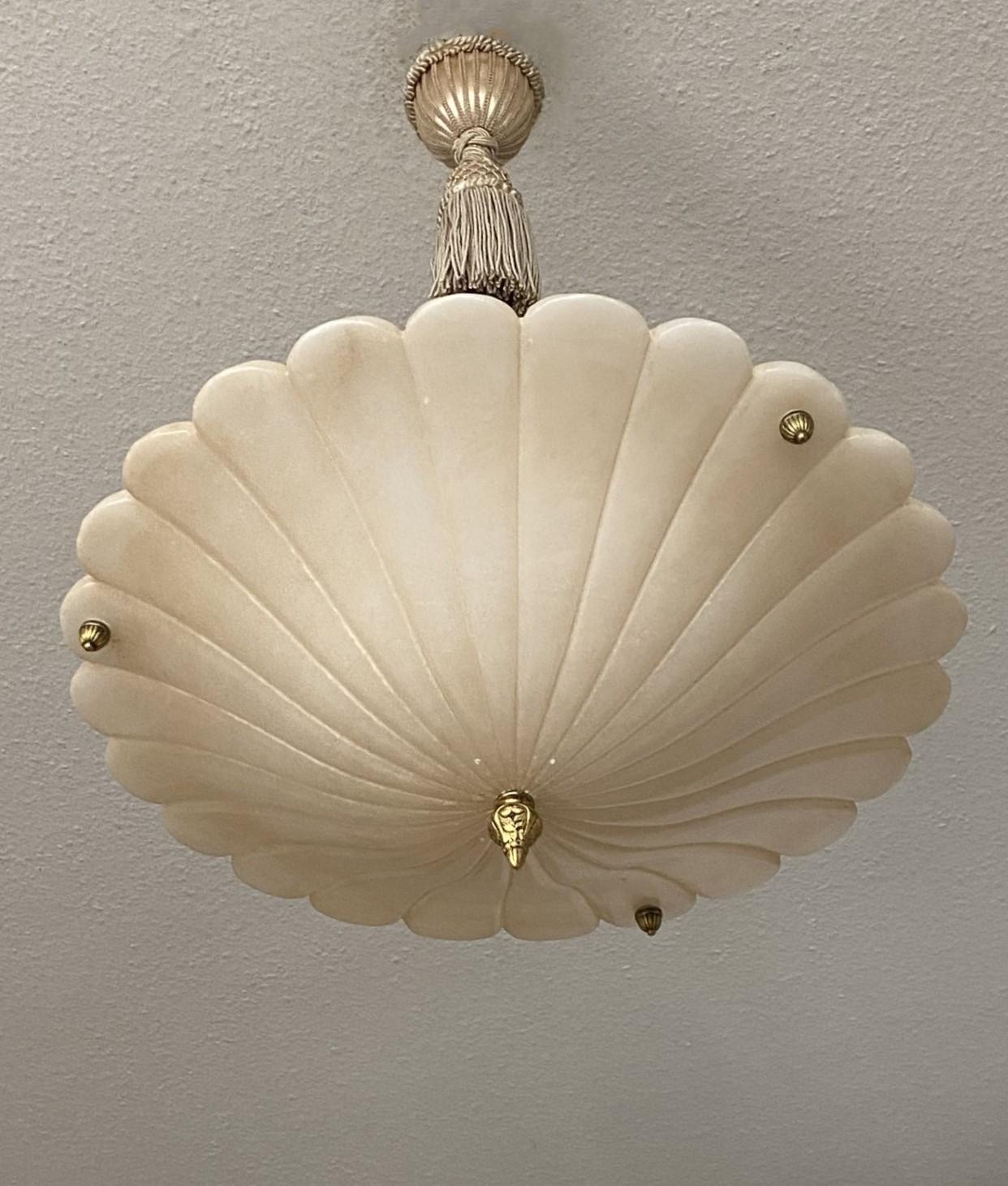 Large French Art Deco Hand-Carved White Alabaster Three-Light Chandelier, 1920s 1